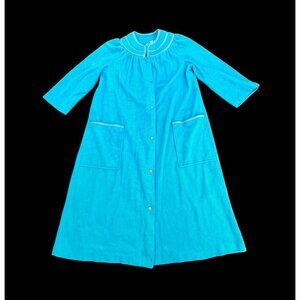 Vintage Velour Women’s Medium House Coat Duster Robe Coffee Time Blue Teal Pearl